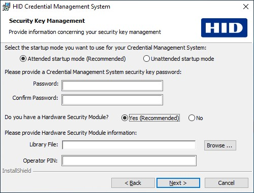 HID Credential Management System Security Key Management dialog box with the Attended startup mode option selected and Yes selected next to Do you have a Hardware Security Module?